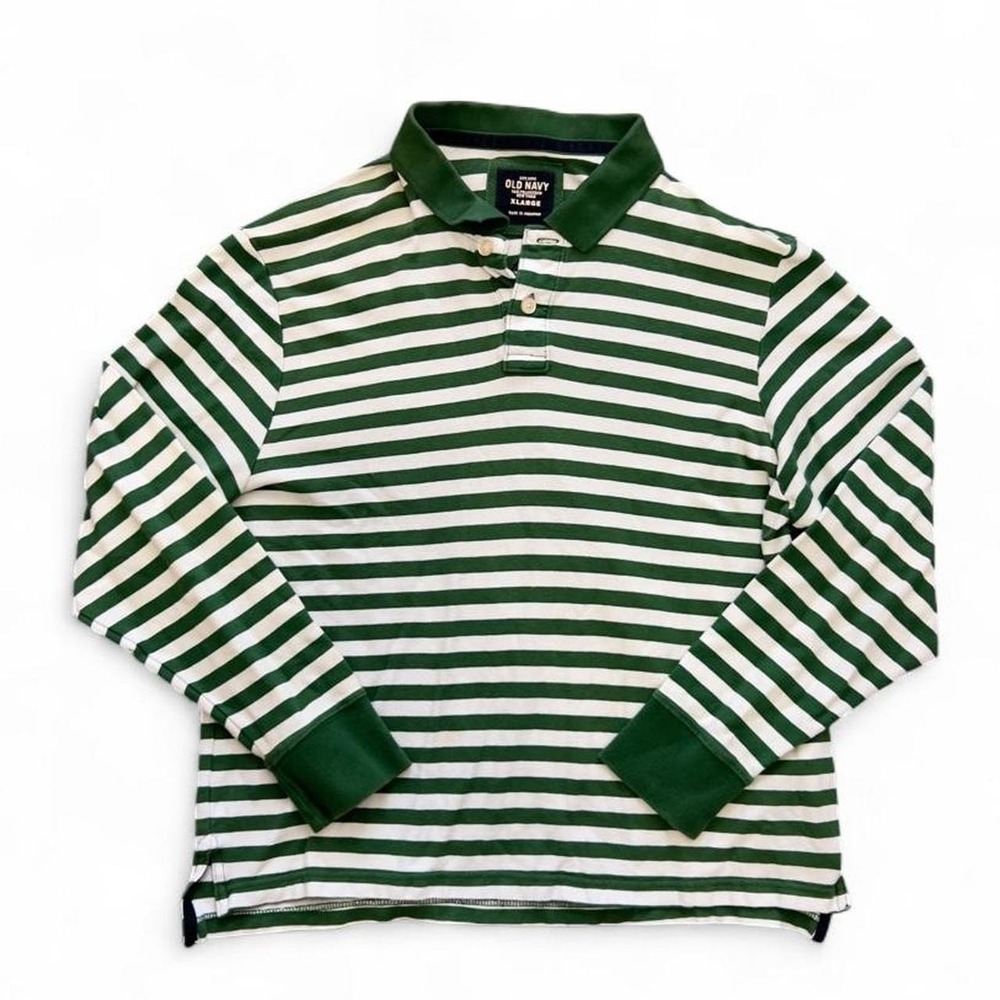 Y2K Old Navy Men's Striped Rugby Polo Shirt Sz XL Green 100% Cotton Long Sleeve